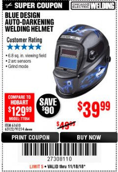 Harbor Freight Coupon AUTO-DARKENING WELDING HELMET WITH BLUE FLAME DESIGN Lot No. 91214/61610/63122 Expired: 11/18/18 - $39.99