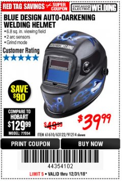 Harbor Freight Coupon AUTO-DARKENING WELDING HELMET WITH BLUE FLAME DESIGN Lot No. 91214/61610/63122 Expired: 12/31/18 - $39.99