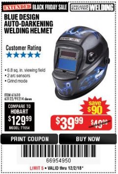 Harbor Freight Coupon AUTO-DARKENING WELDING HELMET WITH BLUE FLAME DESIGN Lot No. 91214/61610/63122 Expired: 12/2/18 - $39.99