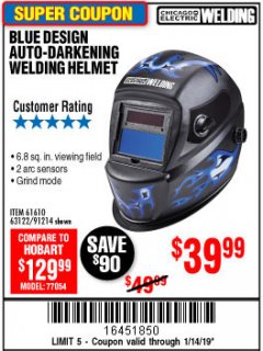Harbor Freight Coupon AUTO-DARKENING WELDING HELMET WITH BLUE FLAME DESIGN Lot No. 91214/61610/63122 Expired: 1/14/19 - $39.99