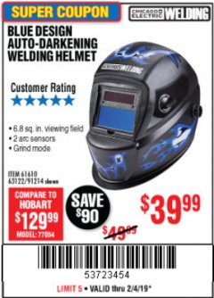 Harbor Freight Coupon AUTO-DARKENING WELDING HELMET WITH BLUE FLAME DESIGN Lot No. 91214/61610/63122 Expired: 2/4/19 - $39.99
