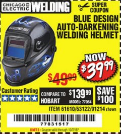 Harbor Freight Coupon AUTO-DARKENING WELDING HELMET WITH BLUE FLAME DESIGN Lot No. 91214/61610/63122 Expired: 10/1/19 - $39.99