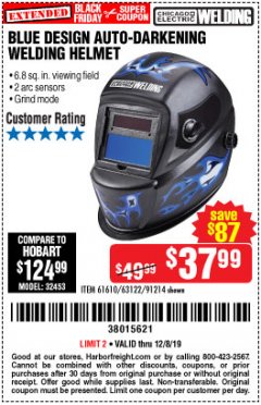 Harbor Freight Coupon AUTO-DARKENING WELDING HELMET WITH BLUE FLAME DESIGN Lot No. 91214/61610/63122 Expired: 12/8/19 - $37.99
