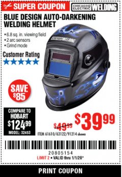 Harbor Freight Coupon AUTO-DARKENING WELDING HELMET WITH BLUE FLAME DESIGN Lot No. 91214/61610/63122 Expired: 1/1/20 - $39.99