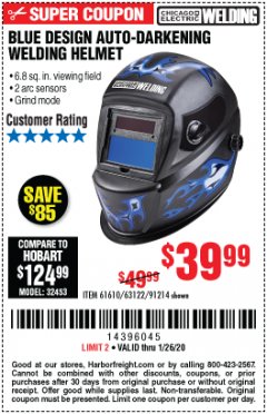Harbor Freight Coupon AUTO-DARKENING WELDING HELMET WITH BLUE FLAME DESIGN Lot No. 91214/61610/63122 Expired: 1/26/20 - $39.99