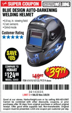 Harbor Freight Coupon AUTO-DARKENING WELDING HELMET WITH BLUE FLAME DESIGN Lot No. 91214/61610/63122 Expired: 2/8/20 - $39.99