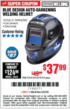 Harbor Freight Coupon AUTO-DARKENING WELDING HELMET WITH BLUE FLAME DESIGN Lot No. 91214/61610/63122 Expired: 3/22/20 - $37.99