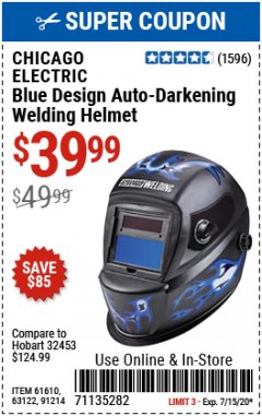 Harbor Freight Coupon AUTO-DARKENING WELDING HELMET WITH BLUE FLAME DESIGN Lot No. 91214/61610/63122 Expired: 7/15/20 - $39.99