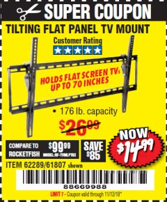 Harbor Freight Coupon TILTING FLAT PANEL TV MOUNT Lot No. 64355/64356 Expired: 11/12/18 - $14.99