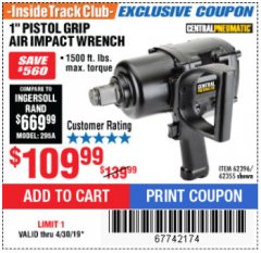 Harbor Freight ITC Coupon 1" PISTOL GRIP AIR IMPACT WRENCH Lot No. 62396/62355 Expired: 4/30/19 - $109.99
