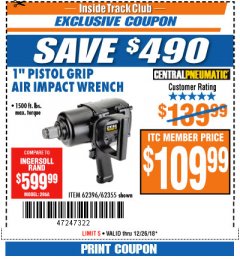 Harbor Freight ITC Coupon 1" PISTOL GRIP AIR IMPACT WRENCH Lot No. 62396/62355 Expired: 12/26/18 - $109.99