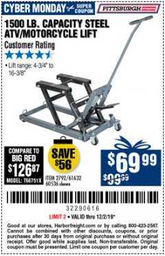 Harbor Freight Coupon 1500 LB. CAPACITY ATV/MOTORCYCLE LIFT Lot No. 2792/69995/60536/61632 Expired: 12/1/19 - $69.99