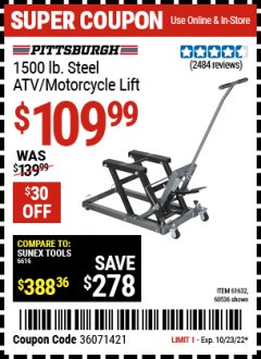 Harbor Freight Coupon 1500 LB. CAPACITY ATV/MOTORCYCLE LIFT Lot No. 2792/69995/60536/61632 Expired: 10/23/22 - $109.99