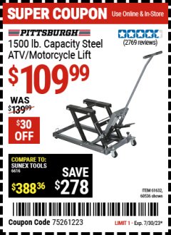 Harbor Freight Coupon 1500 LB. CAPACITY ATV/MOTORCYCLE LIFT Lot No. 2792/69995/60536/61632 Expired: 7/30/23 - $109.99