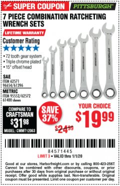 Harbor Freight Coupon 7 PIECE RATCHETING COMBINATION WRENCH SETS Lot No. 96654/61396/62571/95552/61400/62572 Expired: 1/1/20 - $19.99
