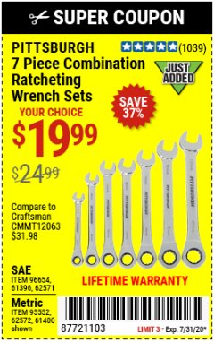 Harbor Freight Coupon 7 PIECE RATCHETING COMBINATION WRENCH SETS Lot No. 96654/61396/62571/95552/61400/62572 Expired: 7/31/20 - $19.99