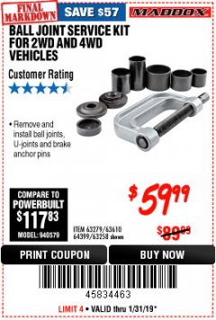 Harbor Freight Coupon BALL JOINT SERVICE KIT FOR 2WD AND 4WD VEHICLES Lot No. 64399/63279/63258/63610 Expired: 1/31/19 - $59.99