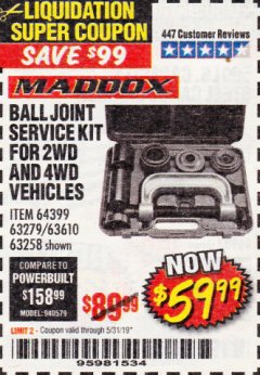 Harbor Freight Coupon BALL JOINT SERVICE KIT FOR 2WD AND 4WD VEHICLES Lot No. 64399/63279/63258/63610 Expired: 5/31/19 - $59.99