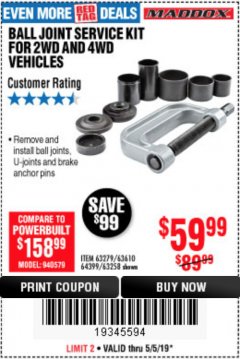 Harbor Freight Coupon BALL JOINT SERVICE KIT FOR 2WD AND 4WD VEHICLES Lot No. 64399/63279/63258/63610 Expired: 5/5/19 - $59.99