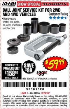 Harbor Freight Coupon BALL JOINT SERVICE KIT FOR 2WD AND 4WD VEHICLES Lot No. 64399/63279/63258/63610 Expired: 11/24/19 - $59.99