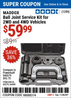 Harbor Freight Coupon BALL JOINT SERVICE KIT FOR 2WD AND 4WD VEHICLES Lot No. 64399/63279/63258/63610 Expired: 11/30/20 - $59.99