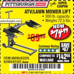 Harbor Freight Coupon HIGH LIFT RIDING LAWN MOWER/ATV LIFT Lot No. 61523/60395/62325/62493 Expired: 12/1/18 - $74.99