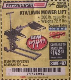 Harbor Freight Coupon HIGH LIFT RIDING LAWN MOWER/ATV LIFT Lot No. 61523/60395/62325/62493 Expired: 2/5/19 - $74.99