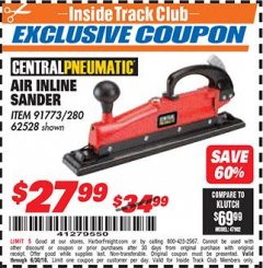 Harbor Freight ITC Coupon AIR INLINE SANDER Lot No. 280/91773/62528 Expired: 6/30/18 - $27.99