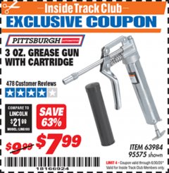 Harbor Freight ITC Coupon 3 OZ. GREASE GUN WITH CARTRIDGE Lot No. 95575 Expired: 6/30/20 - $7.99