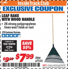 Harbor Freight ITC Coupon LEAF RAKE WITH WOODEN HANDLE Lot No. 67535 Expired: 6/30/20 - $7.99