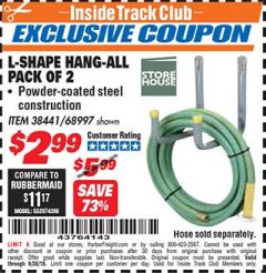 Harbor Freight ITC Coupon 2 PIECE L-SHAPE HANG-ALL Lot No. 38441/68997 Expired: 6/30/18 - $2.99