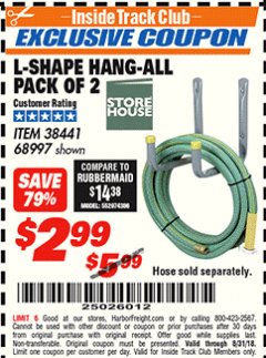 Harbor Freight ITC Coupon 2 PIECE L-SHAPE HANG-ALL Lot No. 38441/68997 Expired: 8/31/18 - $2.99