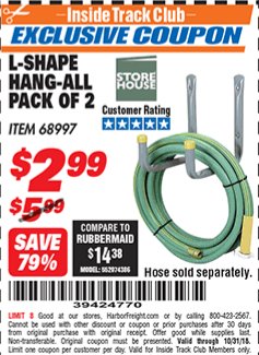 Harbor Freight ITC Coupon 2 PIECE L-SHAPE HANG-ALL Lot No. 38441/68997 Expired: 10/31/18 - $2.99