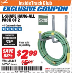 Harbor Freight ITC Coupon 2 PIECE L-SHAPE HANG-ALL Lot No. 38441/68997 Expired: 3/31/20 - $2.99