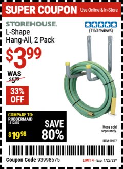 Harbor Freight Coupon 2 PIECE L-SHAPE HANG-ALL Lot No. 38441/68997 Expired: 1/22/23 - $3.99