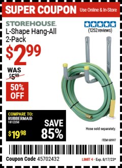 Harbor Freight Coupon 2 PIECE L-SHAPE HANG-ALL Lot No. 38441/68997 Expired: 8/17/23 - $2.99