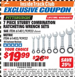 Harbor Freight ITC Coupon 7 PIECE STUBBY RATCHETING COMBINATION WRENCH SETS Lot No. 61401/93923/93922/61402 Expired: 4/30/19 - $19.99
