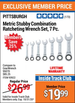 Harbor Freight ITC Coupon 7 PIECE STUBBY RATCHETING COMBINATION WRENCH SETS Lot No. 61401/93923/93922/61402 Expired: 10/31/20 - $19.99