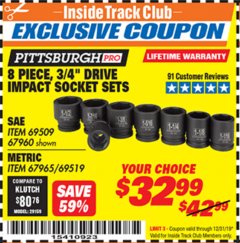 Harbor Freight ITC Coupon 8 PIECE 3/4" DRIVE IMPACT SOCKET SETS Lot No. 69509/67960/67965/69519 Expired: 12/31/19 - $32.99