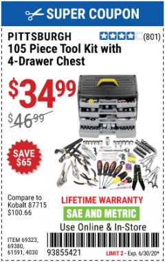 Harbor Freight Coupon 105 PIECE TOOL KIT WITH 4-DRAWER CHEST Lot No. 4030/69323/69380/61591 Expired: 6/30/20 - $34.99