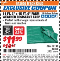Harbor Freight ITC Coupon 11 FT. 4" x 15 Ft. 6" FARM ALL PURPOSE WEATHER RESISTANT TARP Lot No. 2131/60458/69198 Expired: 5/31/19 - $11.99