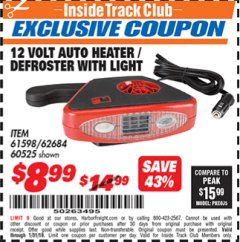 Harbor Freight ITC Coupon 12 VOLT AUTO HEATER/DEFROSTER WITH LIGHT Lot No. 61598/60525/96144 Expired: 1/31/19 - $8.99