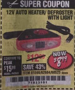 Harbor Freight Coupon 12 VOLT AUTO HEATER/DEFROSTER WITH LIGHT Lot No. 61598/60525/96144 Expired: 2/5/19 - $8.99