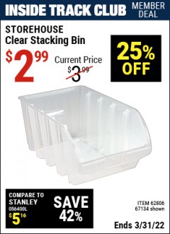 Harbor Freight ITC Coupon CLEAR STACKING BIN Lot No. 62806 Expired: 3/31/22 - $2.99