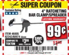 Harbor Freight Coupon 4" RATCHETING BAR CLAMP/SPREADER Lot No. 46805/62242/68974 Expired: 9/11/18 - $0.99