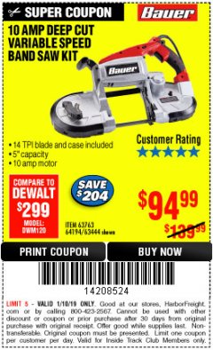 Harbor Freight ITC Coupon BAUER 10 AMP DEEP CUT VARIABLE SPEED BAND SAW KIT Lot No. 63763/64194/63444 Expired: 1/10/19 - $94.99
