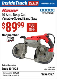 Harbor Freight Coupon BAUER 10 AMP, 5 IN. DEEP CUT VARIABLE-SPEED BAND SAW Lot No. 64194/63444 Valid: 12/31/69 - 10/1/26 - $89.99