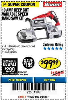 Harbor Freight Coupon BAUER 10 AMP DEEP CUT VARIABLE SPEED BAND SAW KIT Lot No. 63763/64194/63444 Expired: 5/31/18 - $99.99
