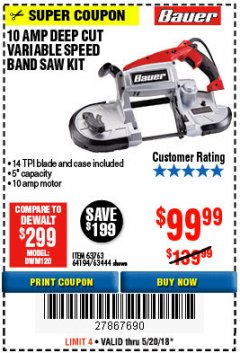 Harbor Freight Coupon BAUER 10 AMP DEEP CUT VARIABLE SPEED BAND SAW KIT Lot No. 63763/64194/63444 Expired: 5/20/18 - $99.99