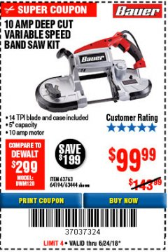 Harbor Freight Coupon BAUER 10 AMP DEEP CUT VARIABLE SPEED BAND SAW KIT Lot No. 63763/64194/63444 Expired: 6/24/18 - $99.99
